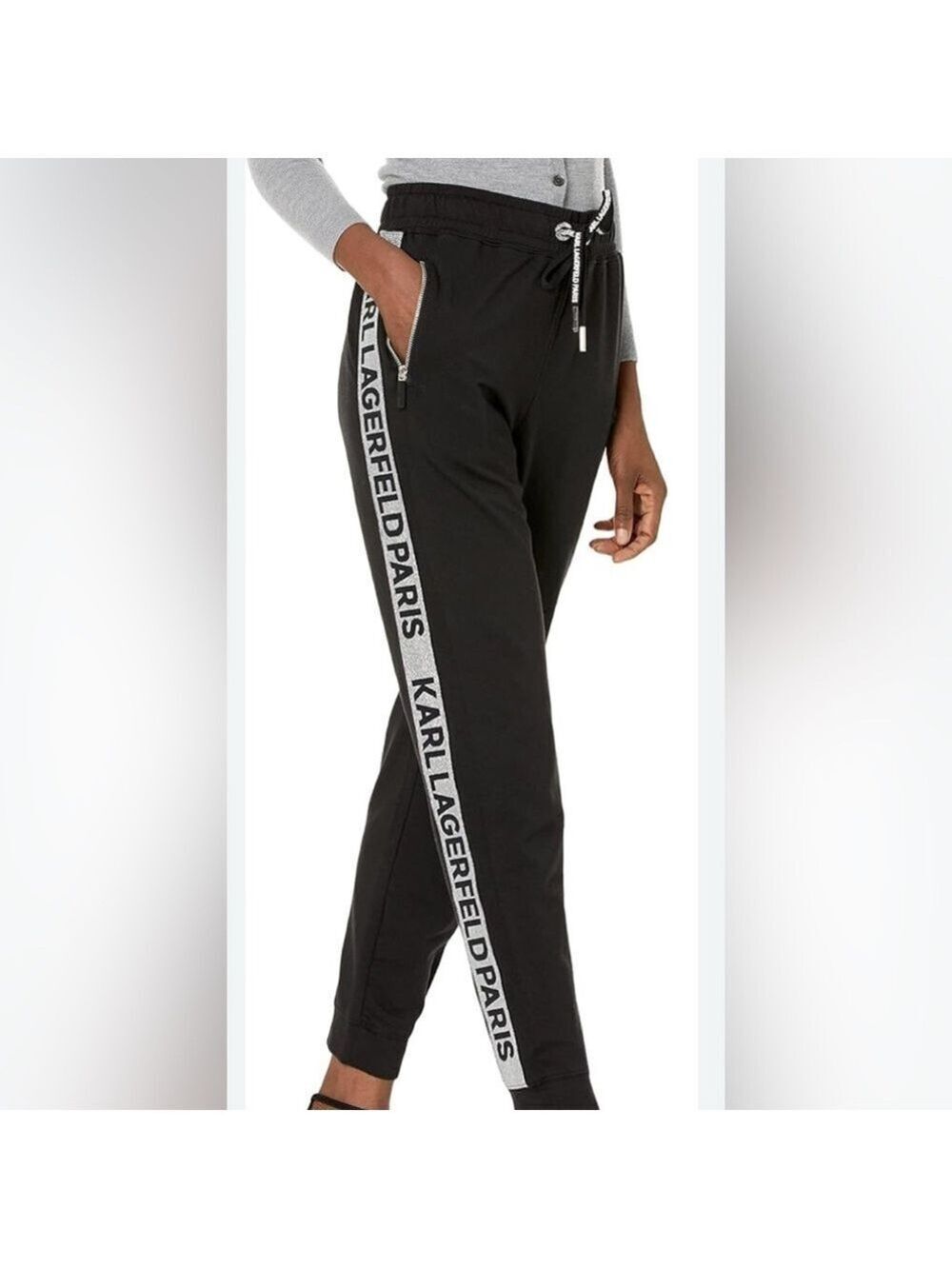 Karl Lagerfeld Paris designer black jogger sweatpants metallic logo stripe xs